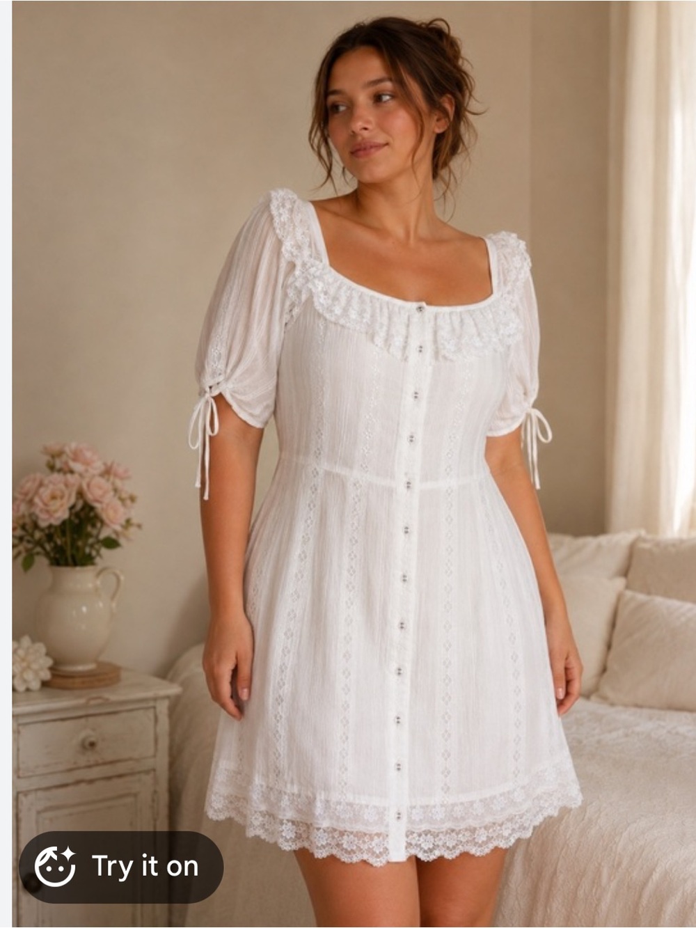 Majorelle White Lace-Trim Embroidered Cotton Mini Dress Medium